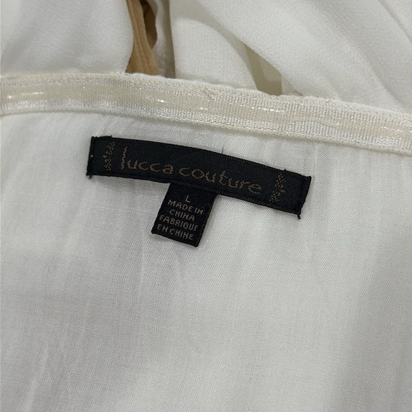 Lucca Couture Elegant White Flowy Dress with Ruffle Neckline and Tan Bow - L - Picture 8 of 11